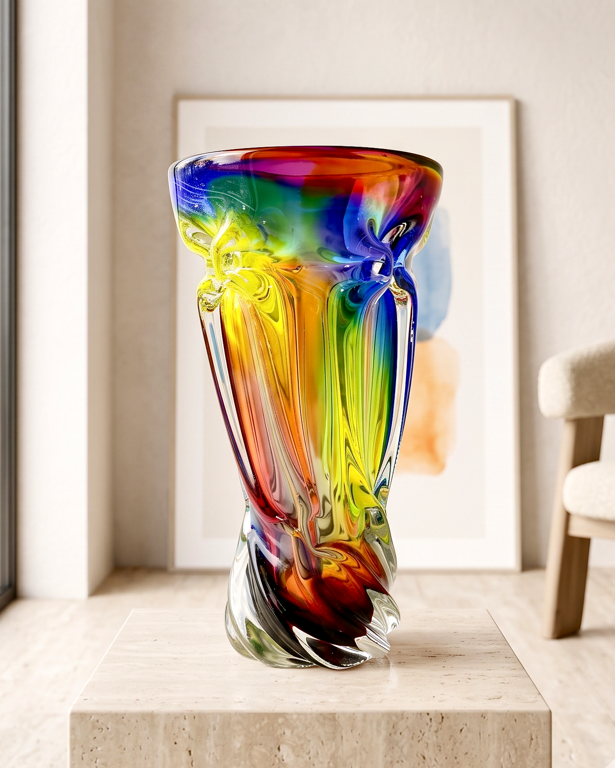 Jarrón de vidrio artístico "Arcoíris" de 23 cm de Hokuyo Glass (Japón), en azul, rosa y amarillo. *¡HALLAZGO RARO!* 