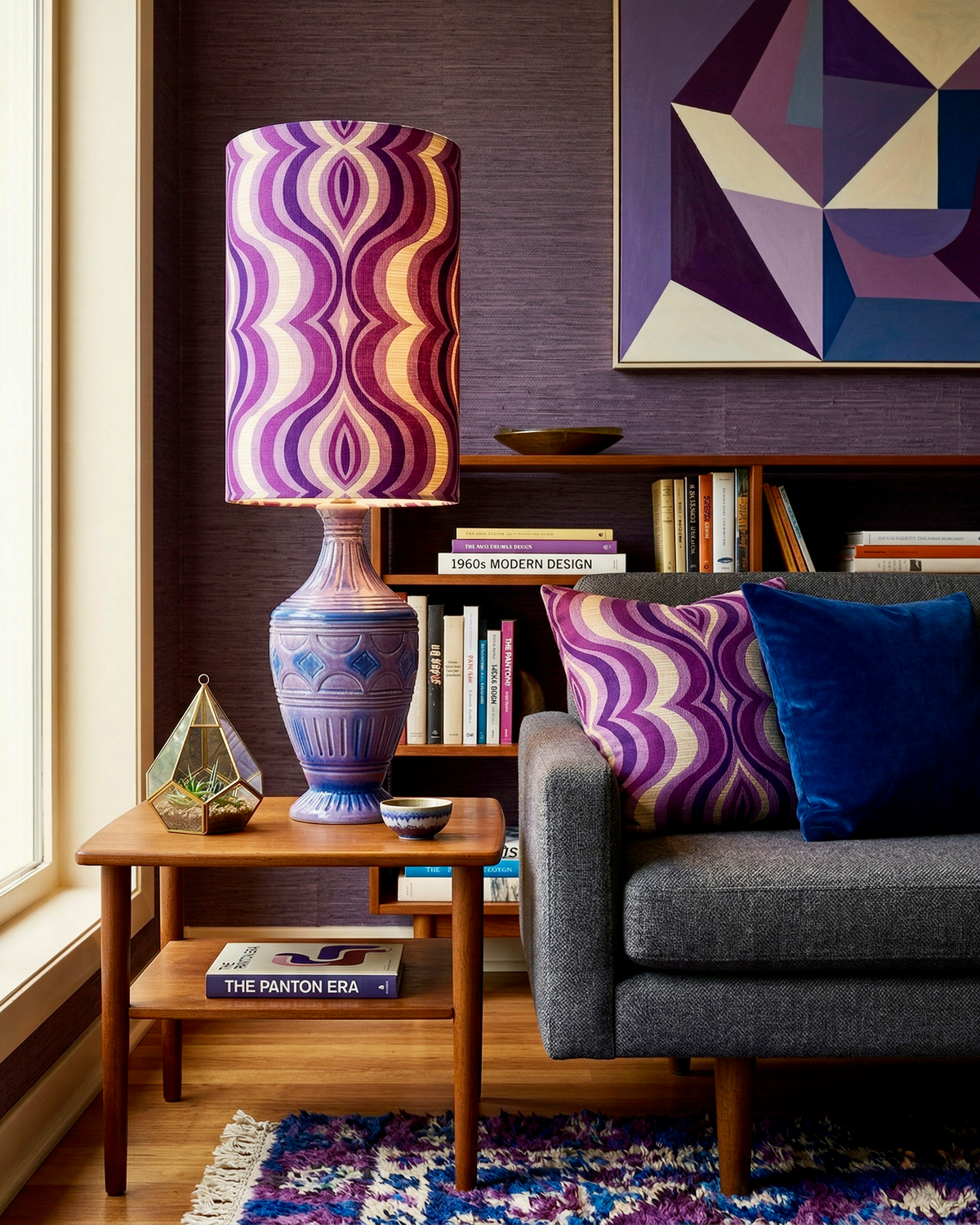 Braemore Pottery (Australia) XXL 37.5" Table Lamp in Lilac Purple, with Hand-Made Lampshade (Vintage Fabric)
