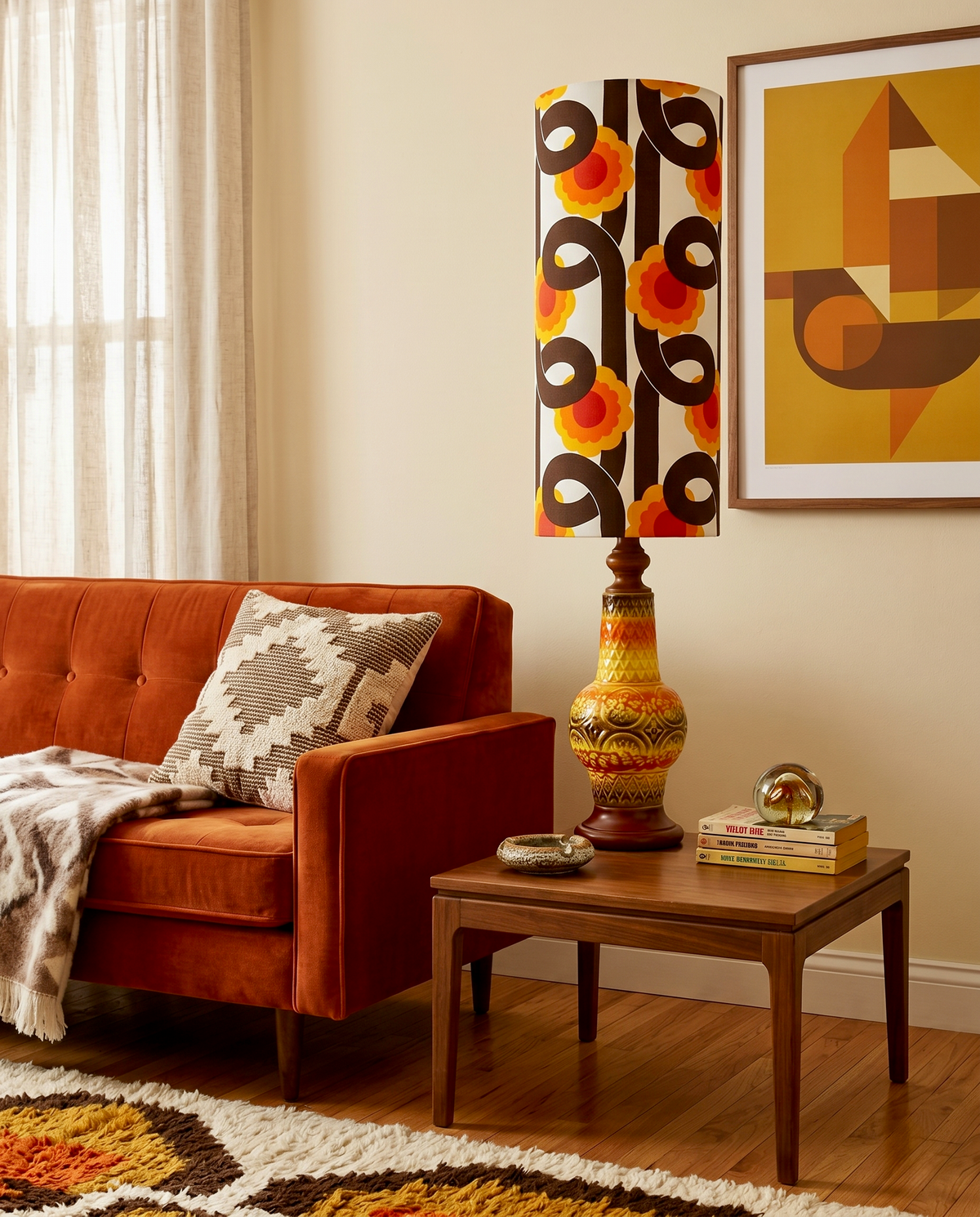Lámpara de mesa XL de 91 cm, color naranja, de Rakumba Pottery (Australia), con pantalla hecha a mano (tela vintage). *¡HALLAZGO RARO!*