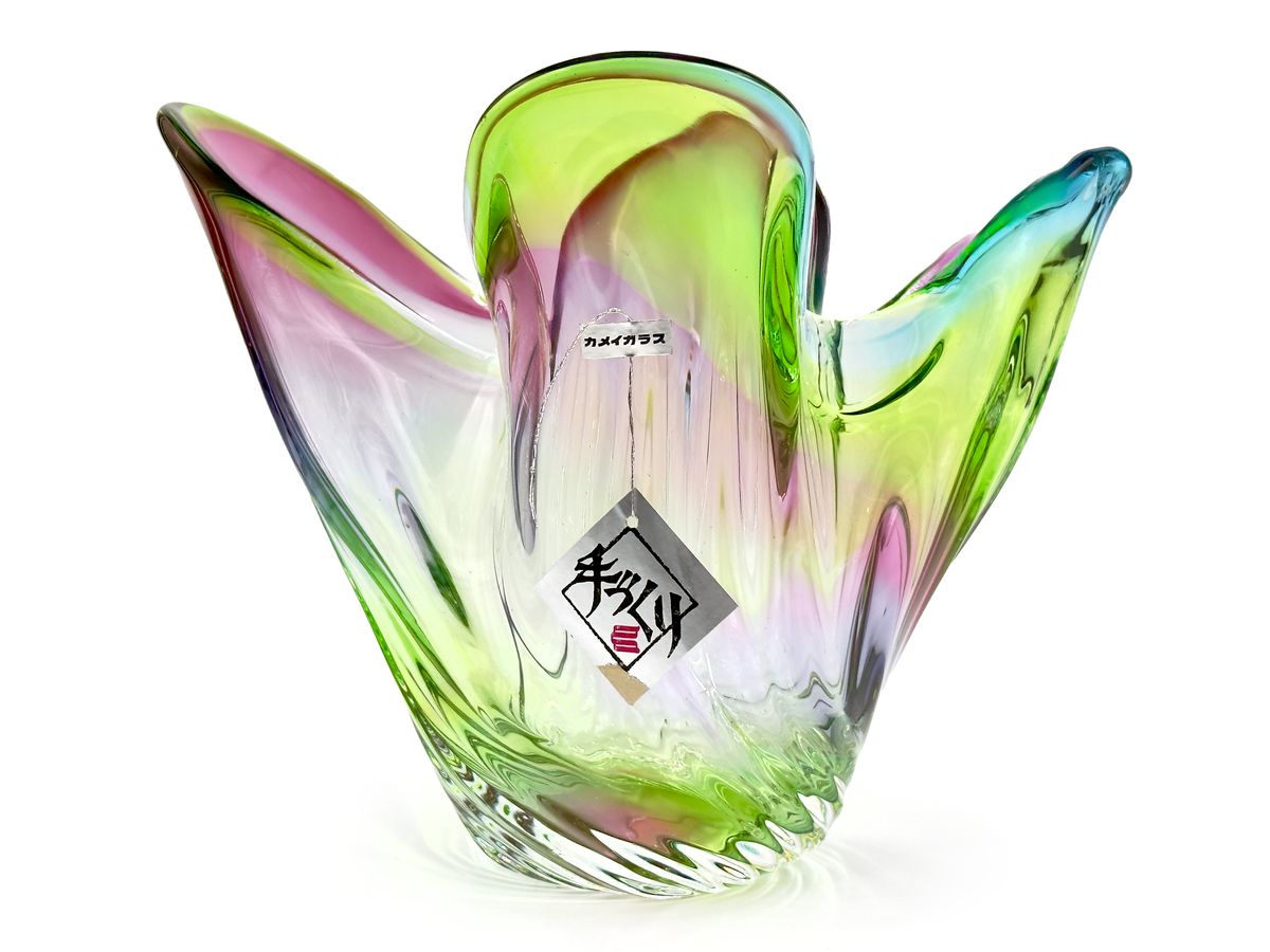 Jarrón de vidrio artístico "Arcoíris" de 23 cm de Hokuyo Glass (Japón), en azul, rosa y amarillo. *¡HALLAZGO RARO!* 