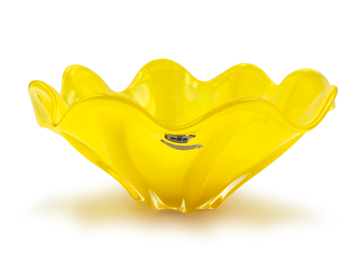 Iwatsu Glass (Japón) de su gama ArtGlass | Jarrón/centro de mesa de vidrio artístico con forma de pañuelo de 29,5 cm, en amarillo girasol | Empaque vintage original *HALLAZGO RARO* 