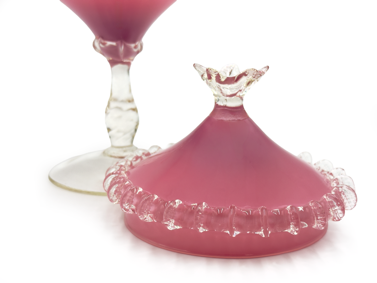 Cristalleria Arno (Empoli, Italia) Plato para dulces de 9,5" en vidrio esmerilado, en rosa y blanco opalescente *HALLAZGO RARO*