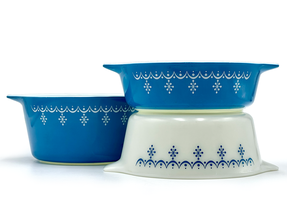 Cacerolas redondas PYREX (EE. UU.) «Azul Copo de Nieve» | Modelos n.° 471, n.° 472 y n.° 473