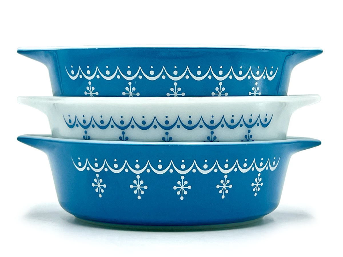 Cacerolas redondas PYREX (EE. UU.) «Azul Copo de Nieve» | Modelos n.° 471, n.° 472 y n.° 473
