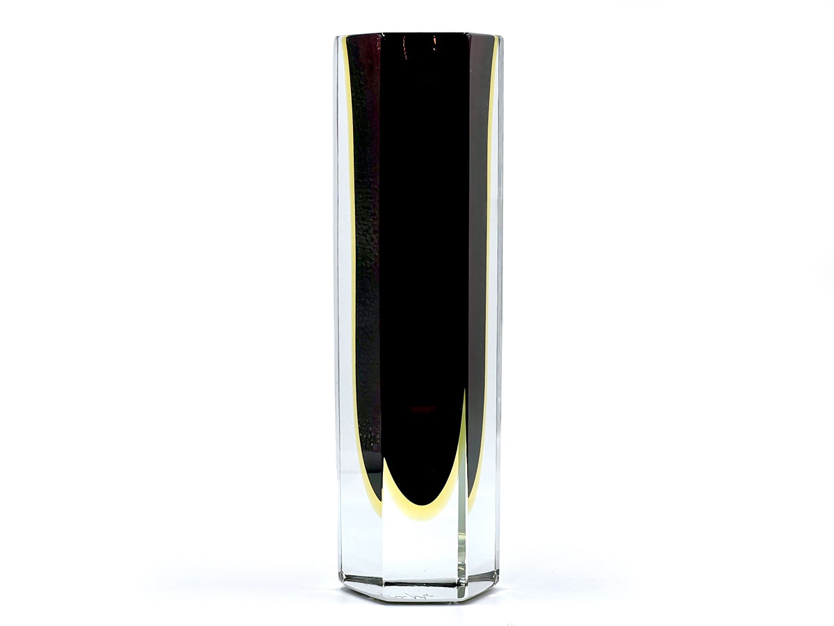 Mandruzzato (Murano, Italy) Faceted Art Glass 'Esagonale' 10" Block Vase, in Burgundy/Honey Gold