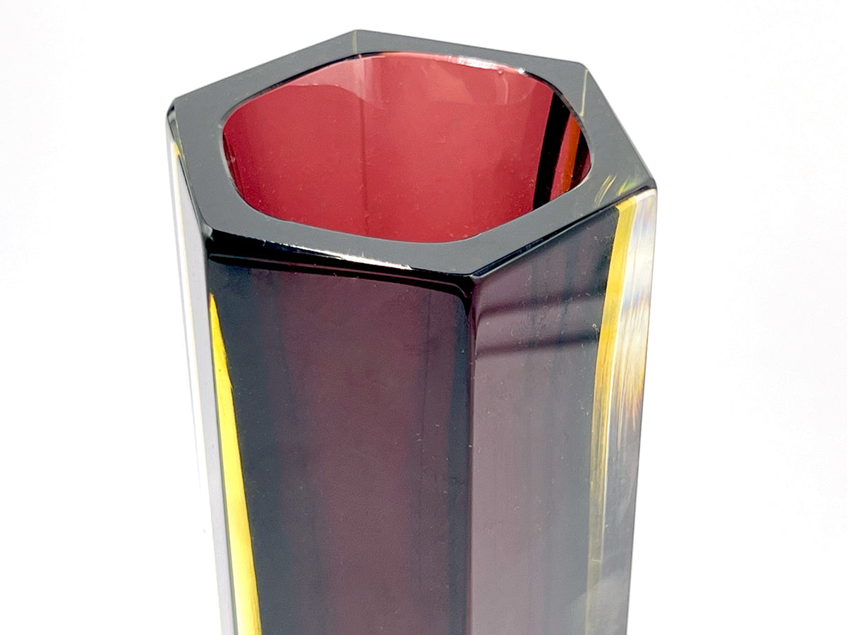 Mandruzzato (Murano, Italy) Faceted Art Glass 'Esagonale' 10" Block Vase, in Burgundy/Honey Gold