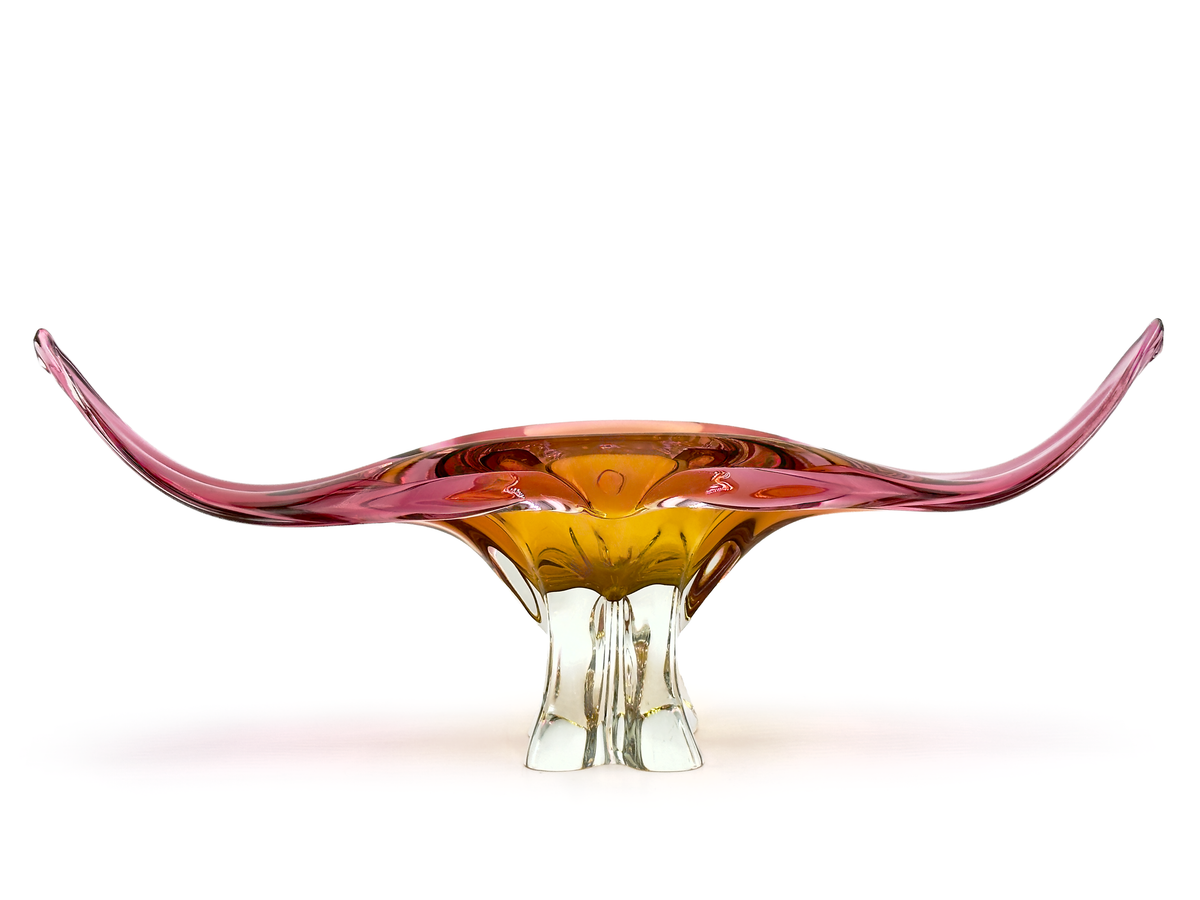 Chřibská Glassworks (Czechoslovakia) Art Glass 14.5" Centrepiece, in Pink/Yellow