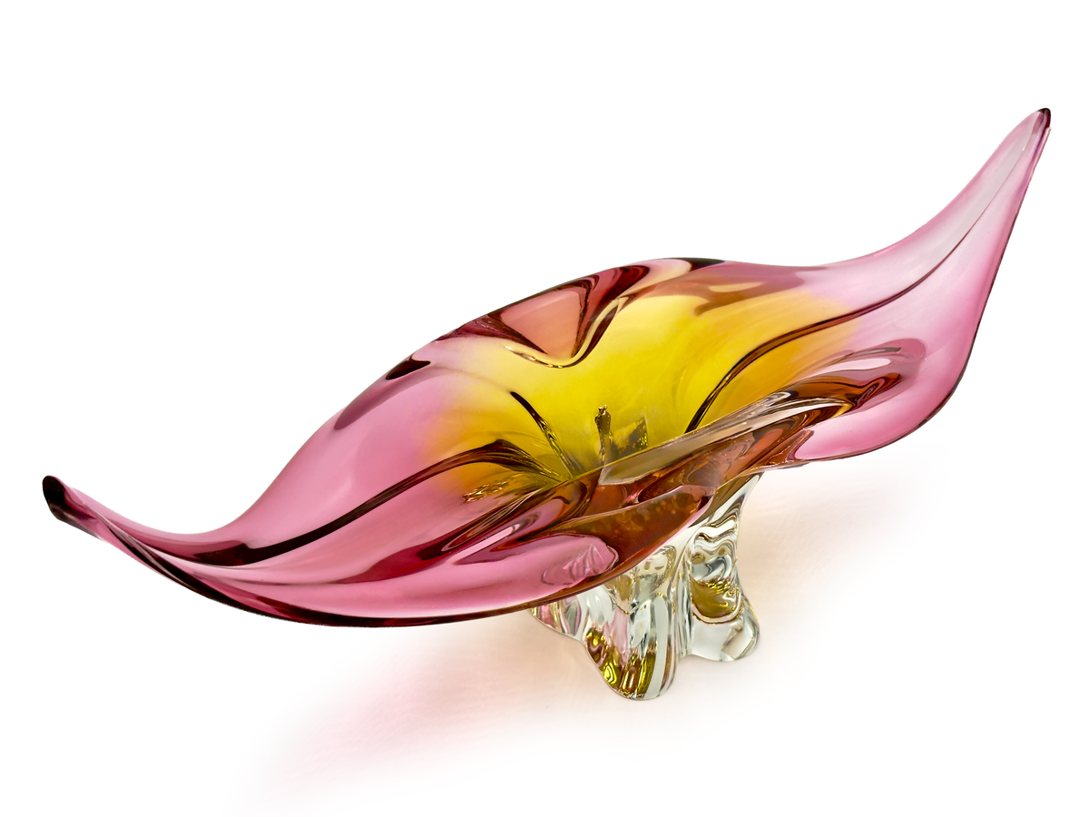 Chřibská Glassworks (Czechoslovakia) Art Glass 14.5" Centrepiece, in Pink/Yellow