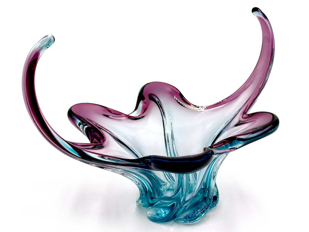 Centro de mesa de cristal artístico de 34 cm de Cristallo Venezia CCC (Murano, Italia), color berenjena/azul
