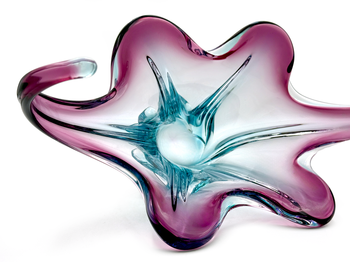 Centro de mesa de cristal artístico de 34 cm de Cristallo Venezia CCC (Murano, Italia), color berenjena/azul