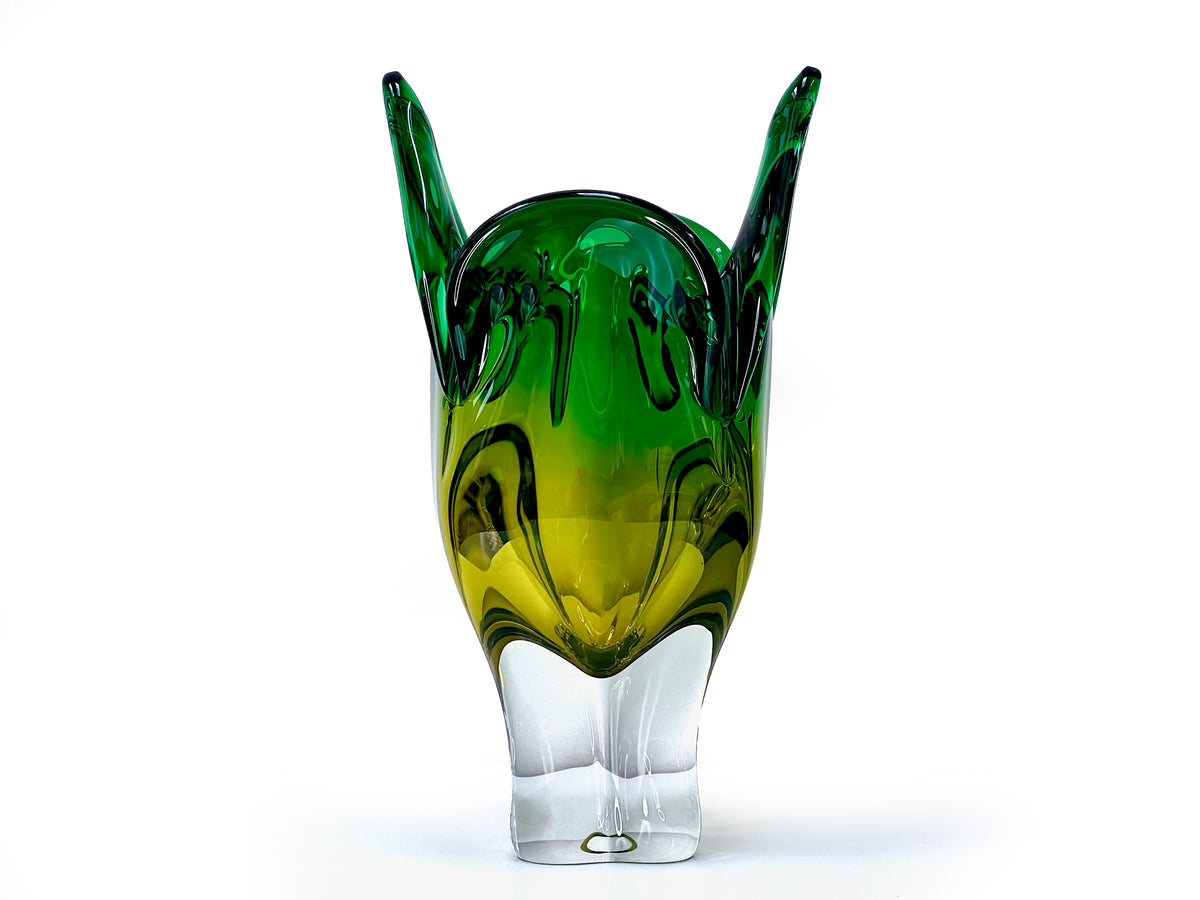 Chřibská Glassworks (Czechoslovakia) Art Glass 9" Vase, in Emerald/Yellow