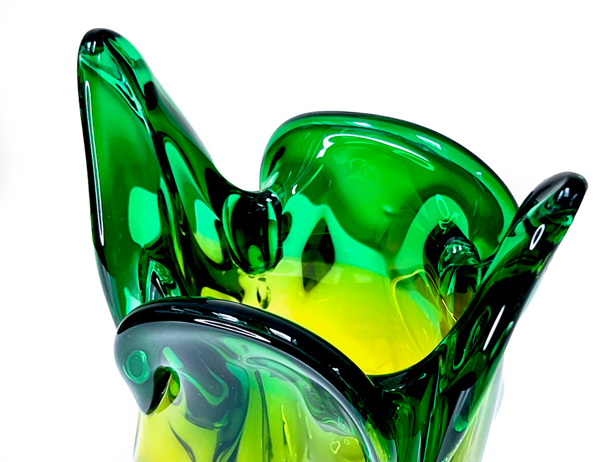 Chřibská Glassworks (Czechoslovakia) Art Glass 9" Vase, in Emerald/Yellow