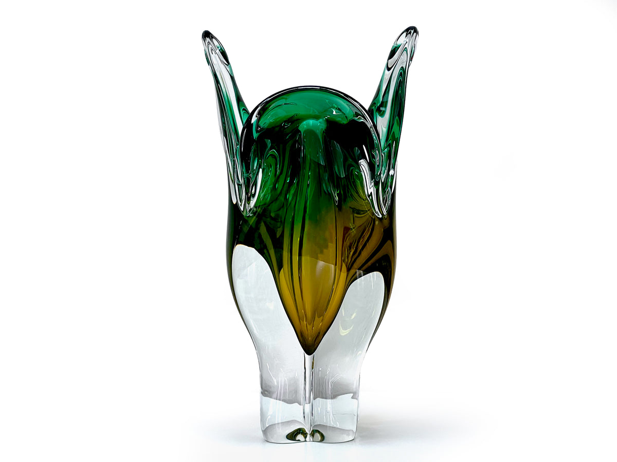 Chřibská Glassworks (Czechoslovakia) Art Glass 9" Vase, in Emerald/Yellow
