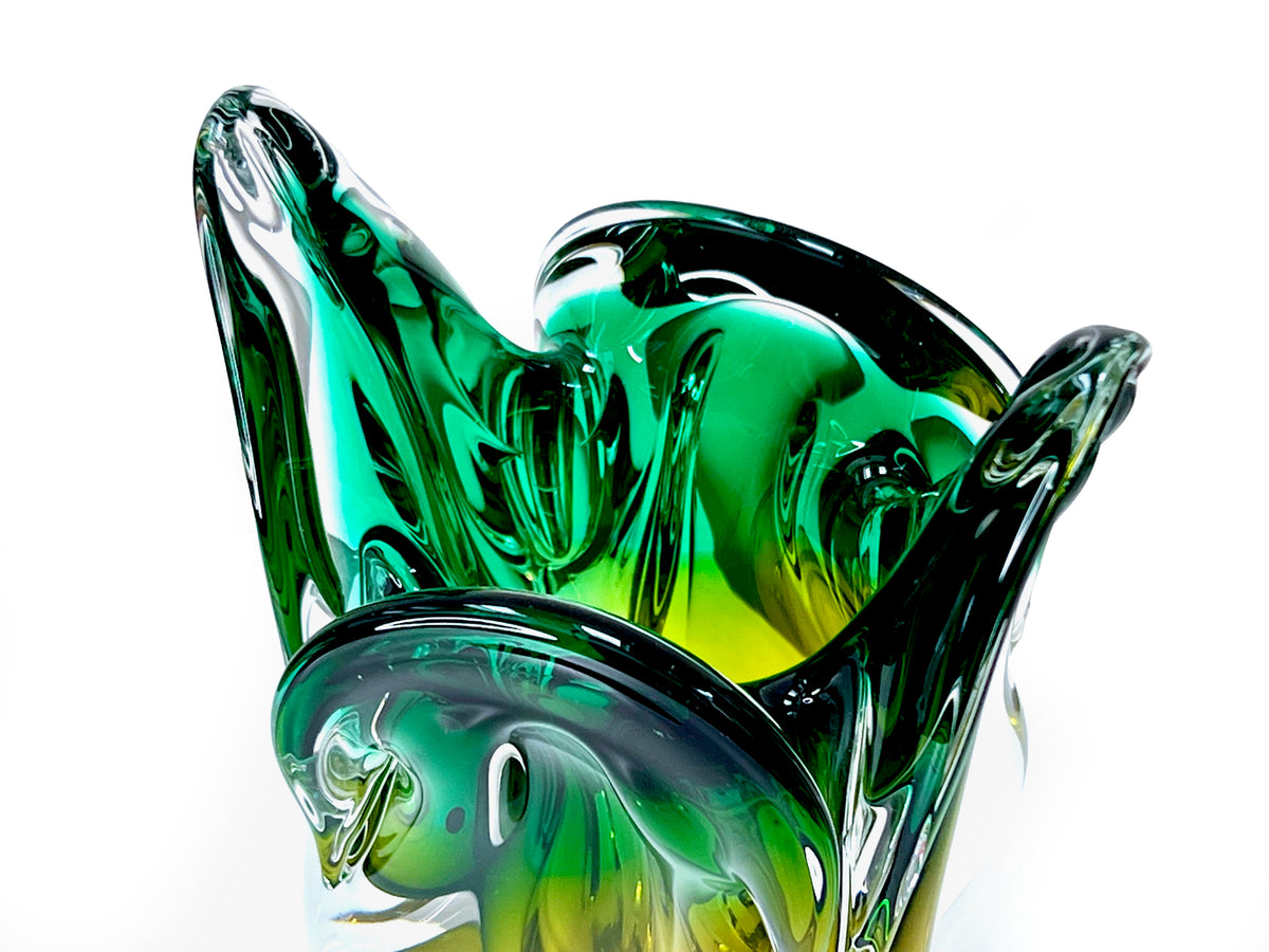 Chřibská Glassworks (Czechoslovakia) Art Glass 9" Vase, in Emerald/Yellow