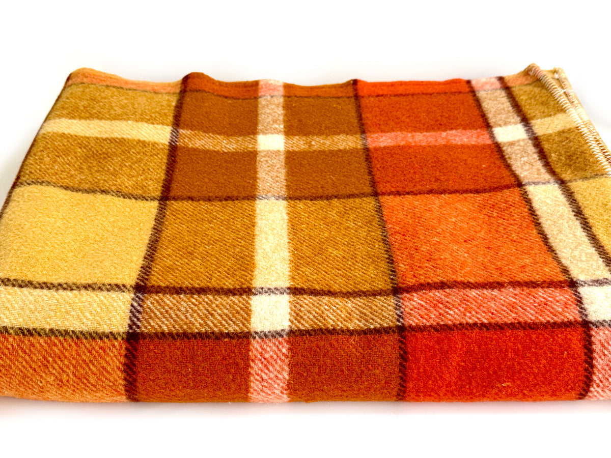 Vintage Plaid Australian Wool Blanket | Dark Orange, Caramel, Tan