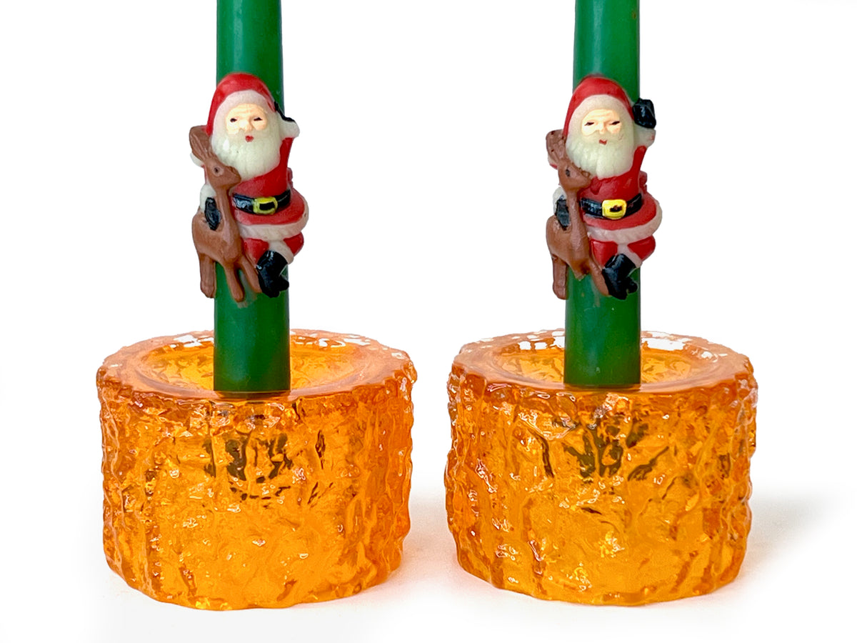 Whitefriars (England) 'Bark' Candlestick Holders in Tangerine (set x2), Model #9733 | Designed by Geoffrey Baxter