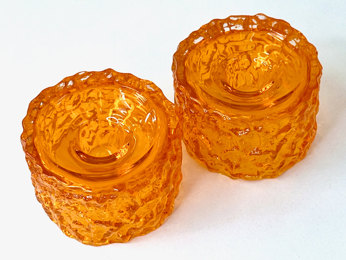 Whitefriars (England) 'Bark' Candlestick Holders in Tangerine (set x2), Model #9733 | Designed by Geoffrey Baxter