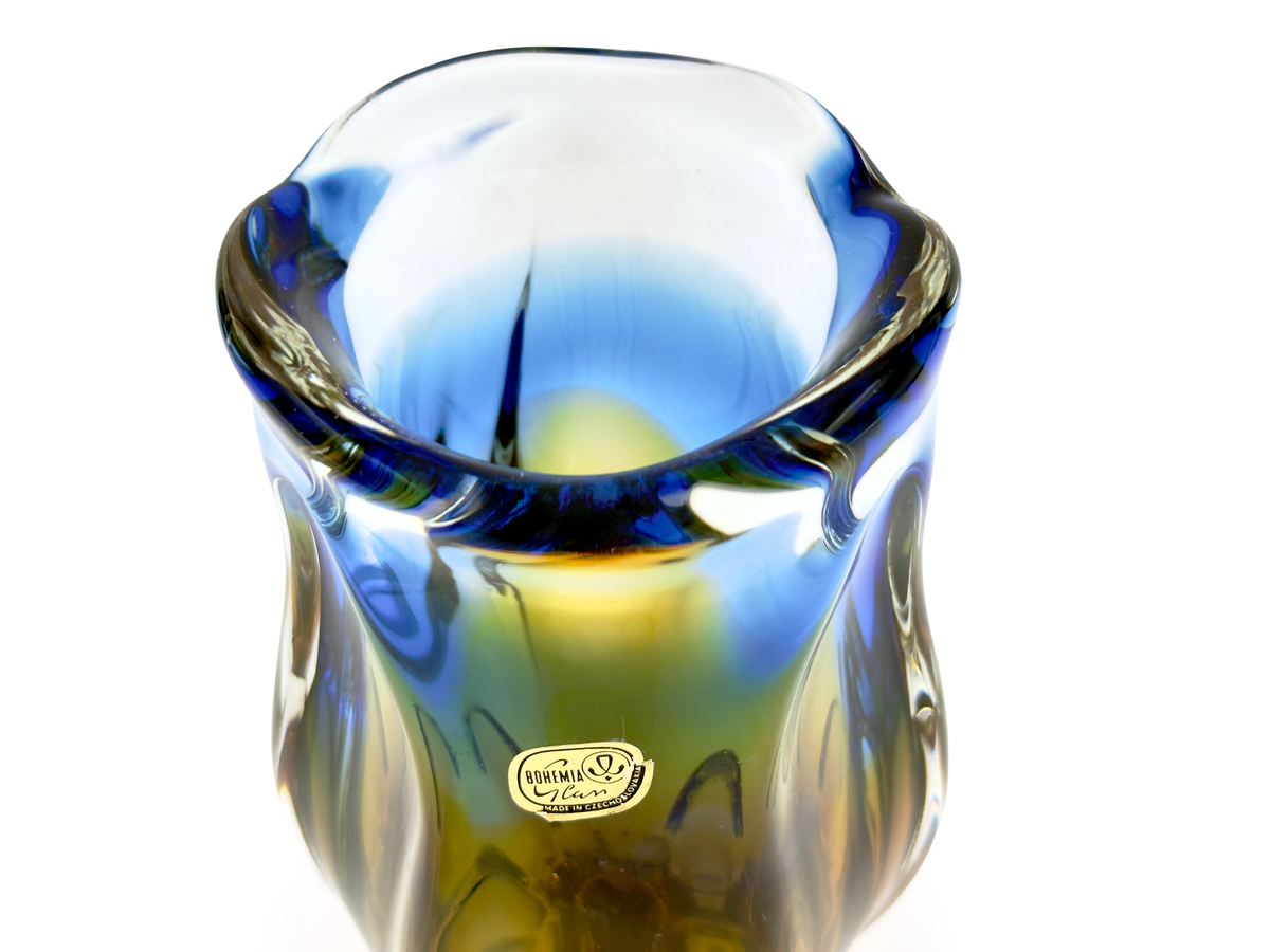 Chřibská Glassworks (Czechoslovakia) Art Glass 7" Vase, in Blue/Orange