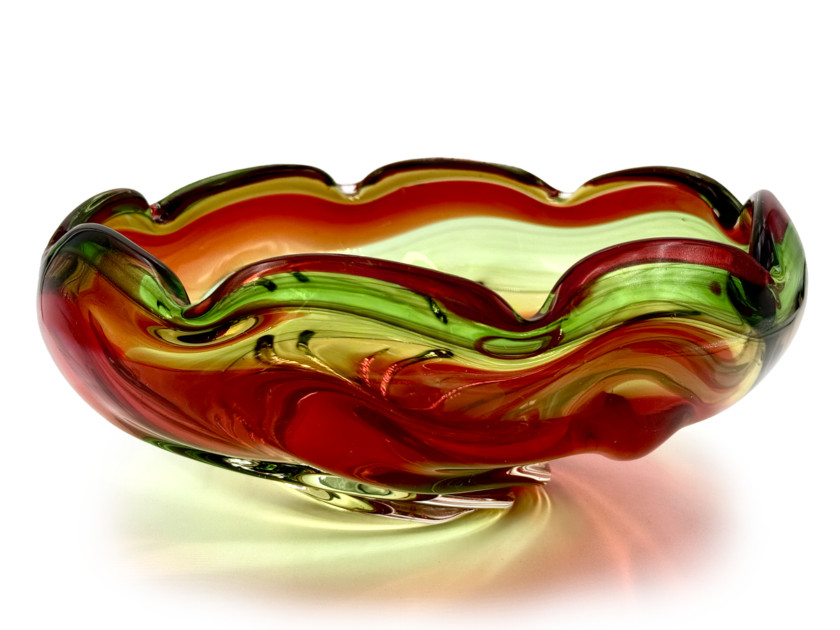Centro de mesa de vidrio artístico "Arcoíris" de 28 cm de Iwatsu Glass (Japón), en verde, naranja y rojo. *HALLAZGO RARO* 