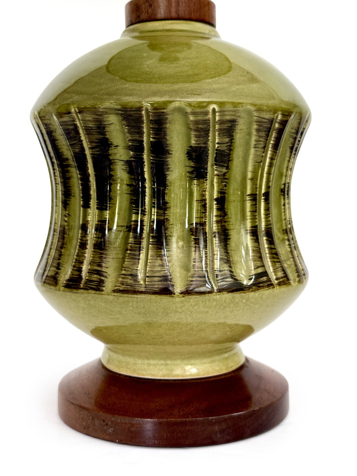 Rakumba Pottery (Australia) XL 34" Table Lamp in Olive Green, with Hand-Made Lampshade (Vintage Fabric) *RARE FIND*