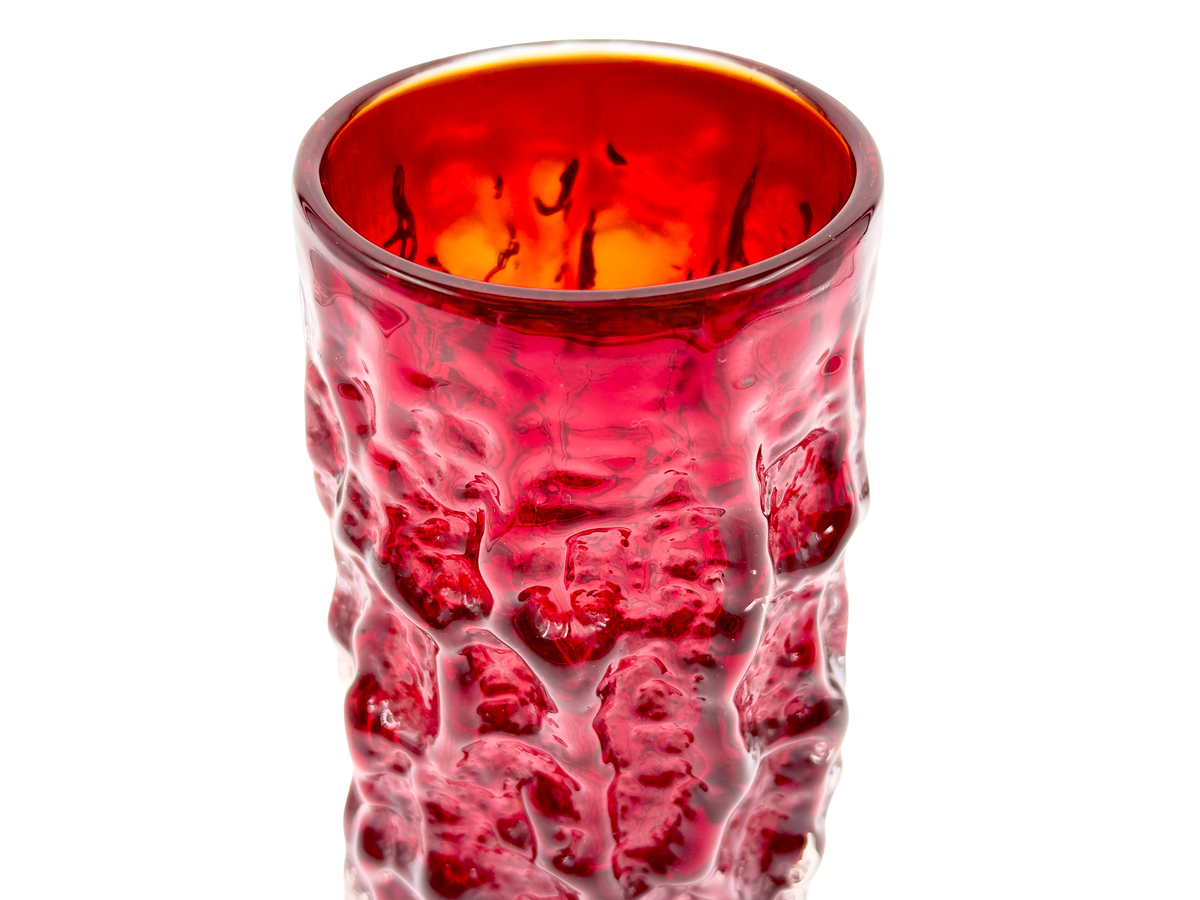 Whitefriars (England) 'Bark' 6" Vase in Ruby, Model #9689 | Designed by Geoffrey Baxter