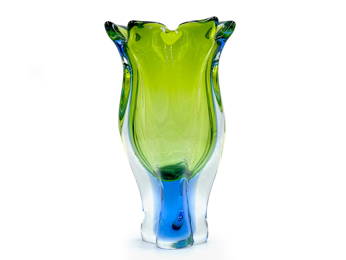 Chřibská Glassworks (Czechoslovakia) Art Glass 10" Vase, in Lime/Blue
