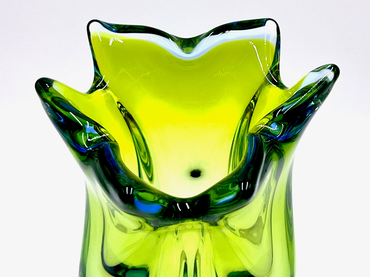 Chřibská Glassworks (Czechoslovakia) Art Glass 10" Vase, in Lime/Blue