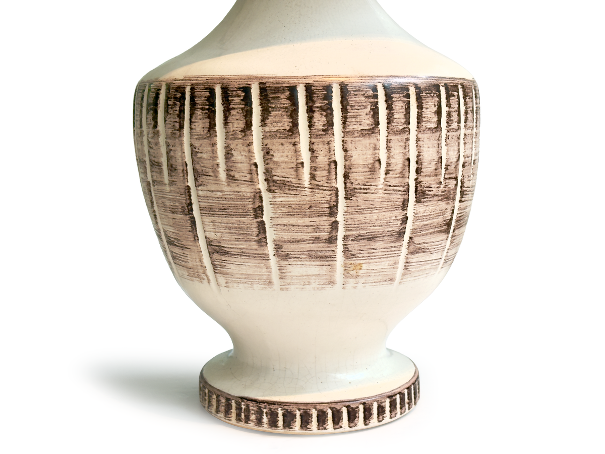 Ellis Ceramics (Australia) XL 38" Table Lamp in Off-White/Brown, with Hand-Made Lampshade (Vintage Fabric)