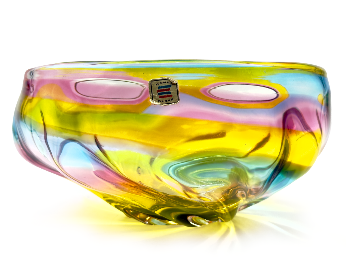 Centro de mesa de vidrio artístico "Arcoíris" de 32 cm de Hokuyo Glass (Japón), en azul y amarillo. *HALLAZGO RARO* 