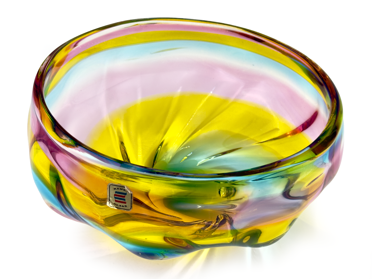 Centro de mesa de vidrio artístico "Arcoíris" de 32 cm de Hokuyo Glass (Japón), en azul y amarillo. *HALLAZGO RARO* 