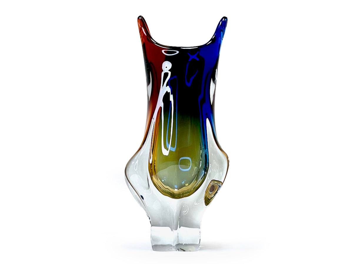 Chřibská Glassworks (Czechoslovakia) Art Glass 13" Vase, in Cobalt/Amber