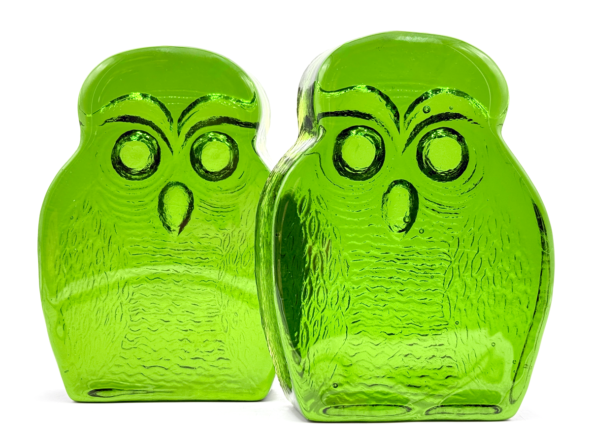 Serre-livres hibou 18 cm (7 po) de Blenko Glass Co (États-Unis), vert [Lot de 2] | Création de Joel Myers *Pièce rare*