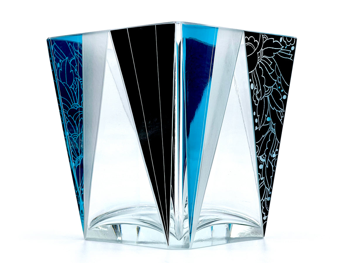 Karl Palda Glassworks (Czechoslovakia) 5.5" Square Vase | Turquoise, Black