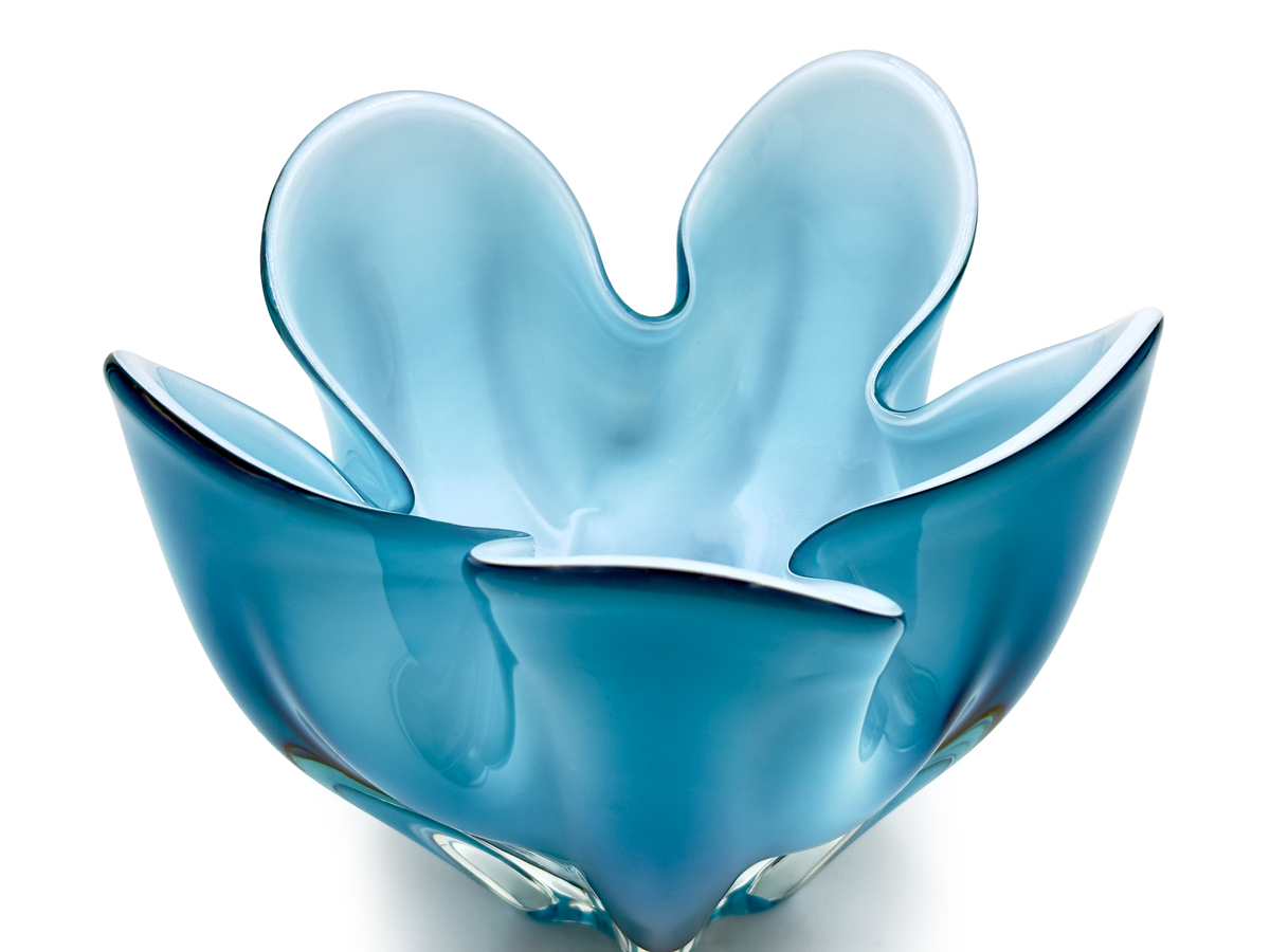 Iwatsu Glass (Japan) from their Hineri range | Art Glass 7.5" Handkerchief Bowl / Centrepiece, in Kingfisher Blue