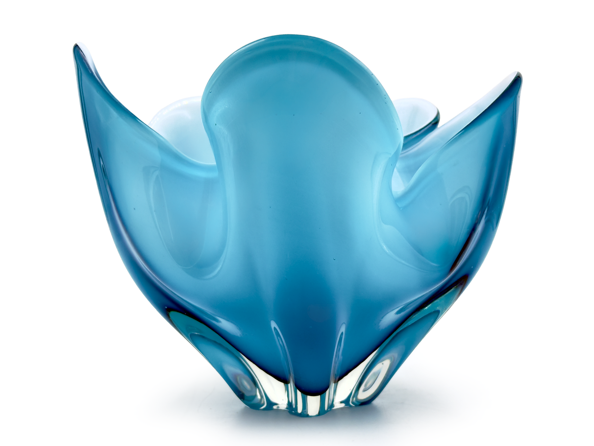 Iwatsu Glass (Japan) from their Hineri range | Art Glass 7.5" Handkerchief Bowl / Centrepiece, in Kingfisher Blue