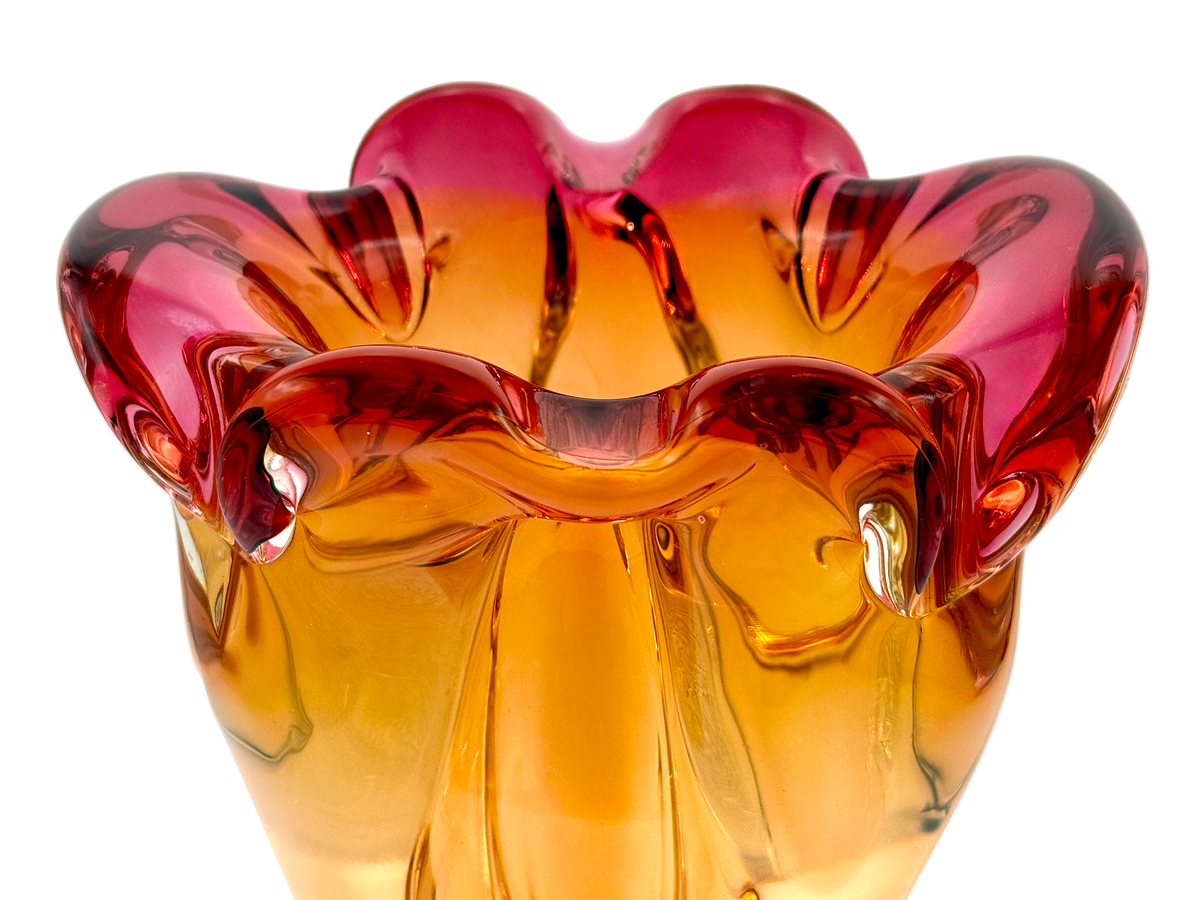 Chřibská Glassworks (Czechoslovakia) Art Glass 10.5" Vase, in Orange/Pink