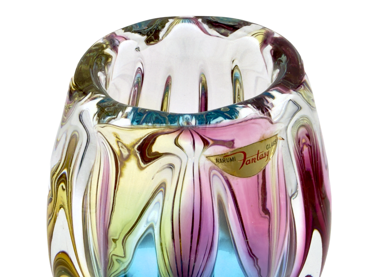 Sanyu Glass (Japan) from their Narumi 'Fantasy' range | Art Glass 8" Vase, in Blue/Pink/Yellow | Original Vintage Packaging