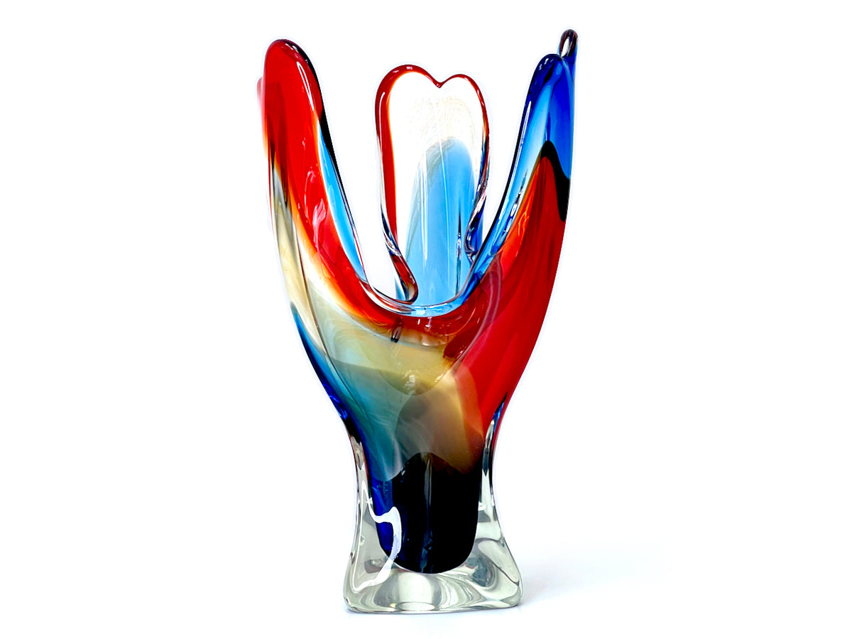 Centre de table en verre d'art Tatsumi Glass (Japon), 28 cm, rouge/bleu/beige