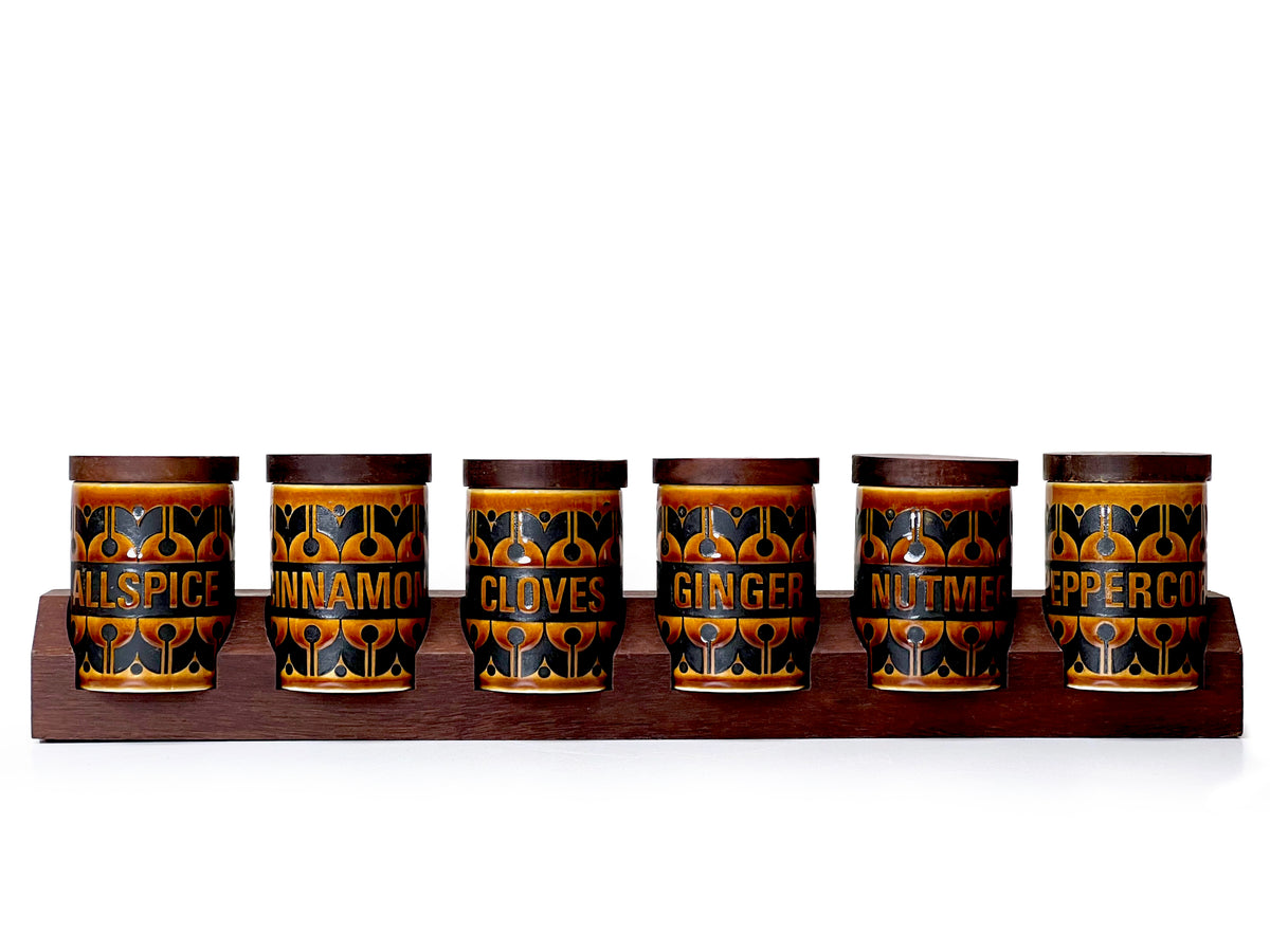 Hornsea Pottery (Angleterre) « Heirloom » en marron automnal, pots à épices (x6) et étagère à épices – Ensemble complet