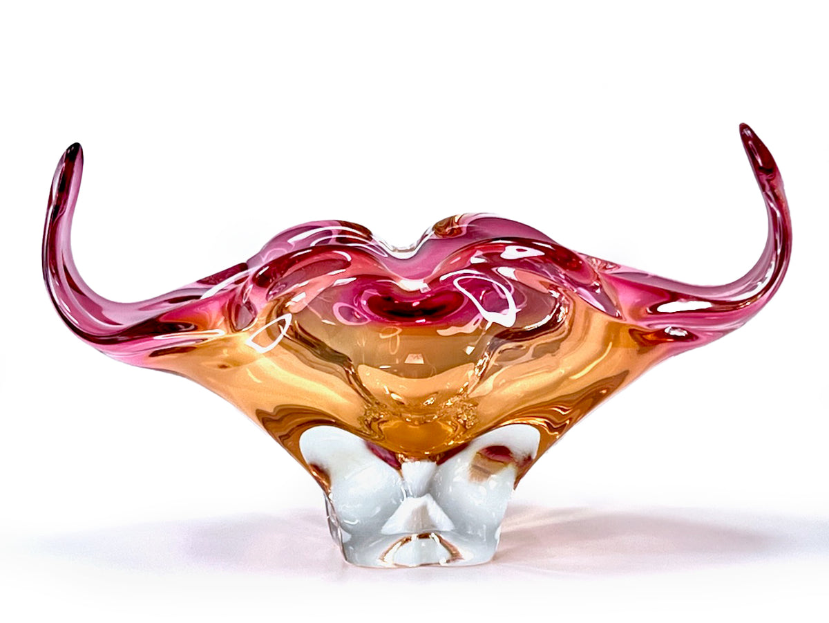 Chřibská Glassworks (Czechoslovakia) Art Glass 10" Centrepiece, in Pink/Orange