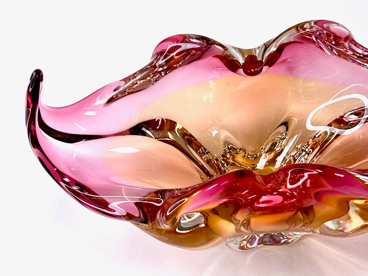 Chřibská Glassworks (Czechoslovakia) Art Glass 10" Centrepiece, in Pink/Orange