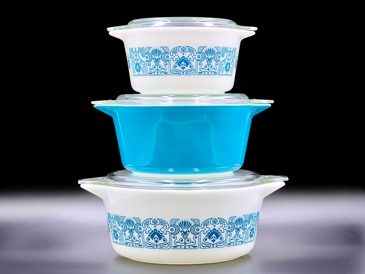 Cacerolas redondas PYREX (EE. UU.) 'Horizon Blue' n.° 480 (juego de 3) | Modelos n.° 473, 474 y 475