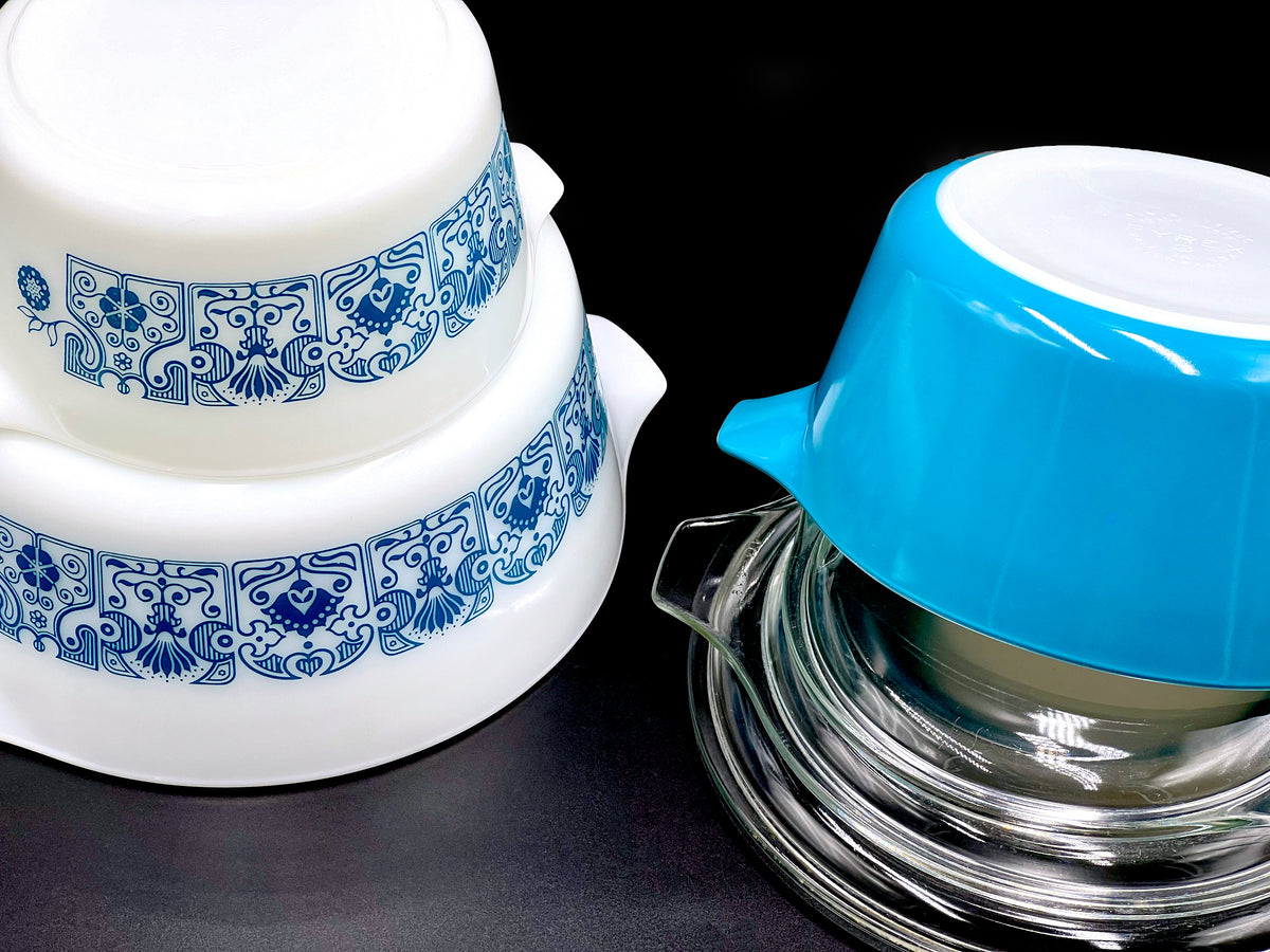 Cacerolas redondas PYREX (EE. UU.) 'Horizon Blue' n.° 480 (juego de 3) | Modelos n.° 473, 474 y 475