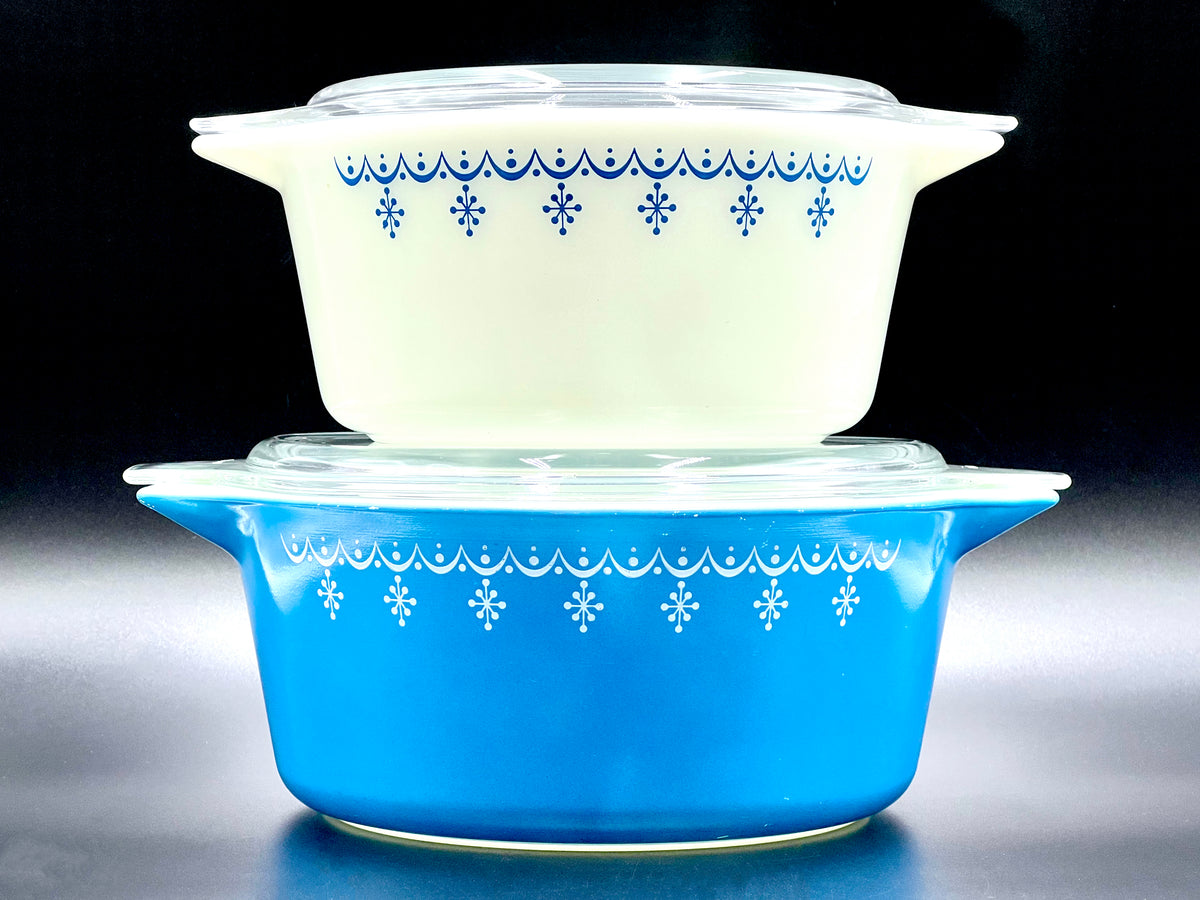 Cacerolas redondas PYREX (EE. UU.) «Azul Copo de Nieve» (juego de 2) | Modelos n.° 474 y n.° 475