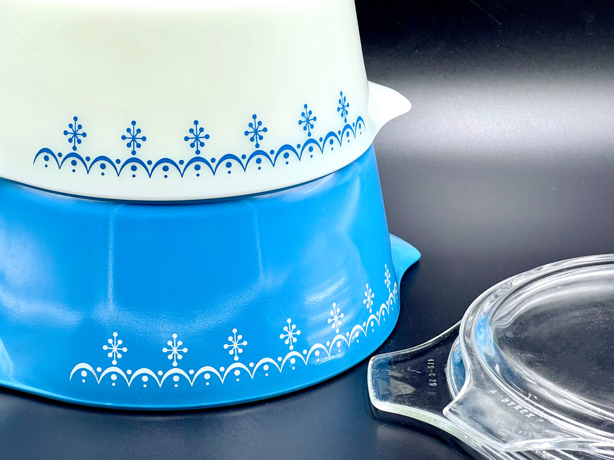Cacerolas redondas PYREX (EE. UU.) «Azul Copo de Nieve» (juego de 2) | Modelos n.° 474 y n.° 475