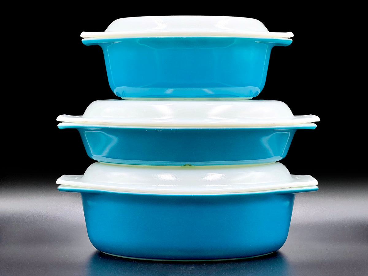 Cacerolas ovaladas y plato dividido PYREX (EE. UU.) 'Horizon Blue' (juego de 3) | Modelos n.° 043, n.° 045 y n.° 063