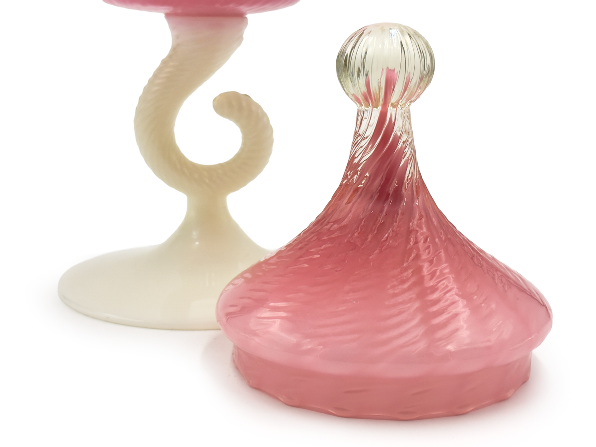 STELVIA Glass (Empoli, Italy) from their Romantica range | 'Hook' 12" Apothecary Jar / Candy Dish, in Pink/White *RARE FIND*