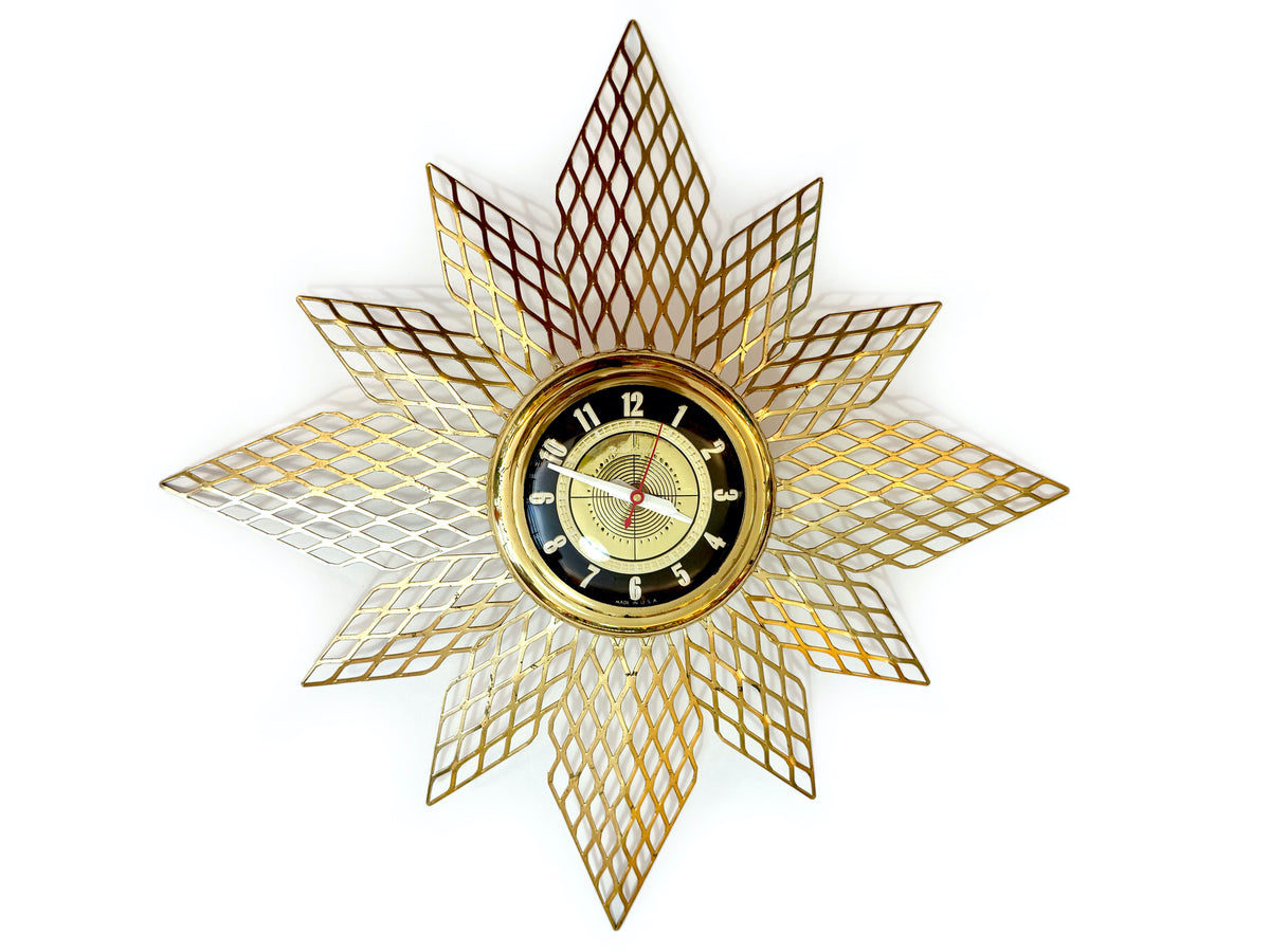 Reloj de pared de latón con diseño de estrella de 45 cm de Mastercrafters (Estados Unidos), con dos apliques de espejo de 34 cm | Circa 1950/1960 *¡HALLAZGO EXTRAÑO!*