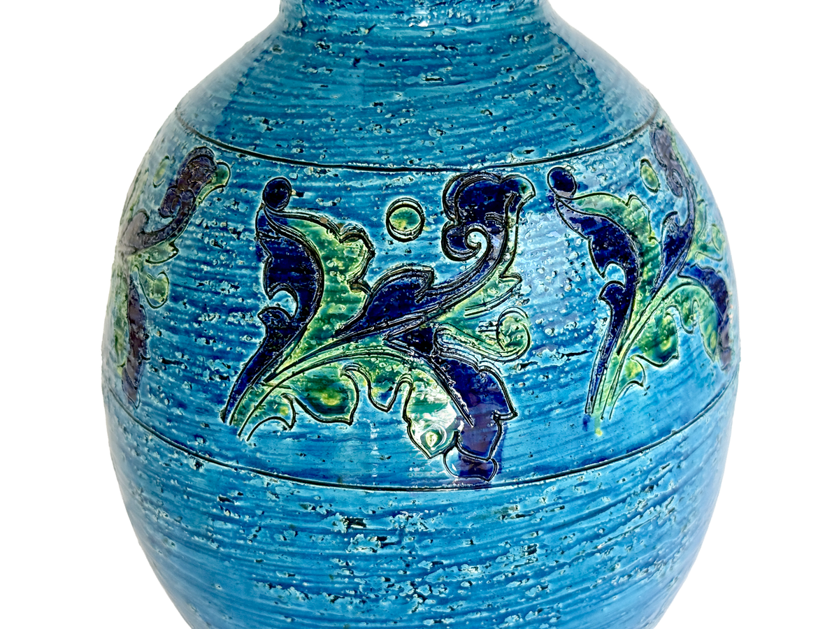 Bitossi (Italy) Large 25" Table Lamp in Blue, with Hand-Made Lampshade (Vintage Fabric)