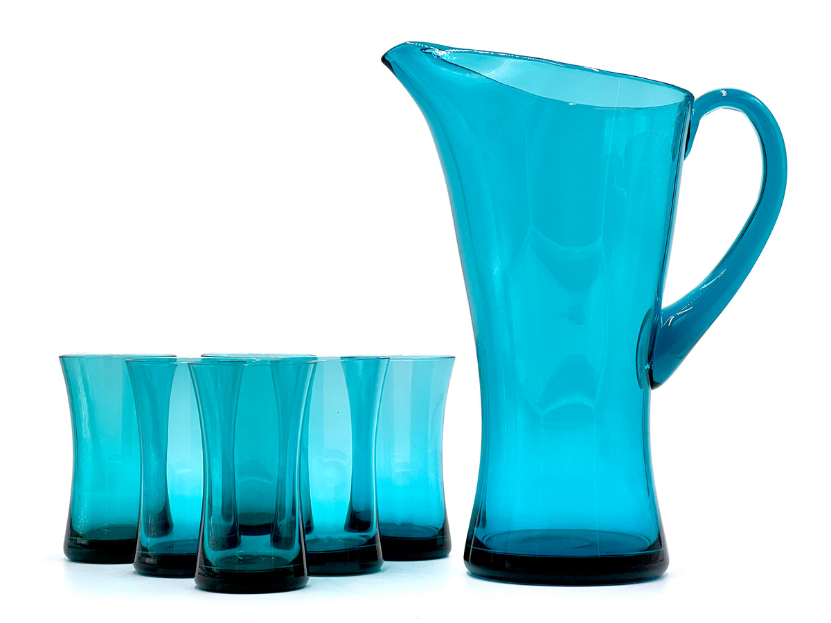 Astracolor (Poland) Cocktail Set - Pitcher plus x6 Spirit Glasses, in Teal Blue